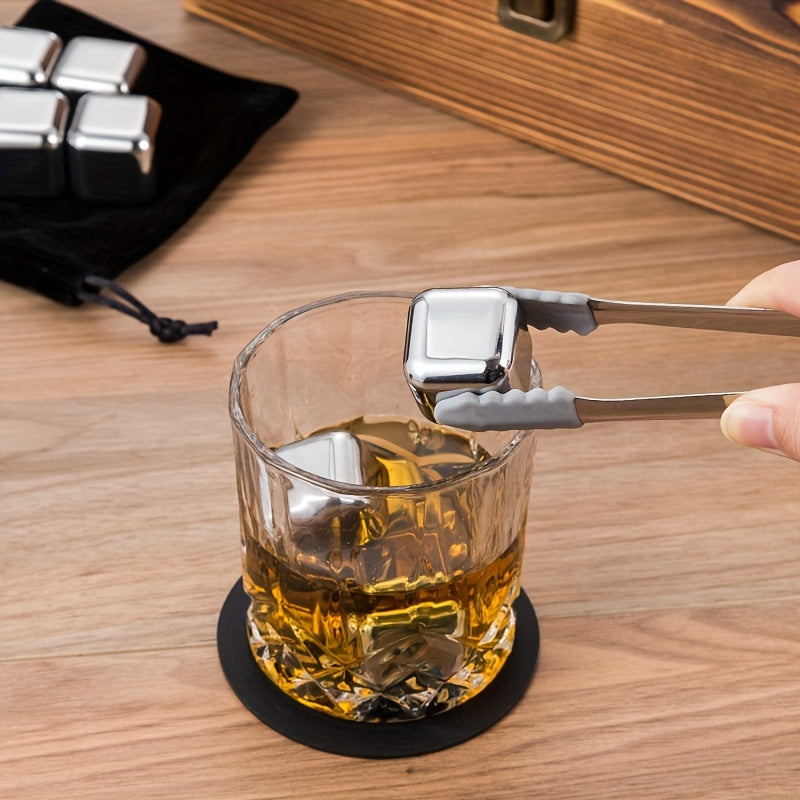 Stainless Steel Ice Cubes, Includes Tongs & Velvet Storage Pouch in Elegant Wooden Box