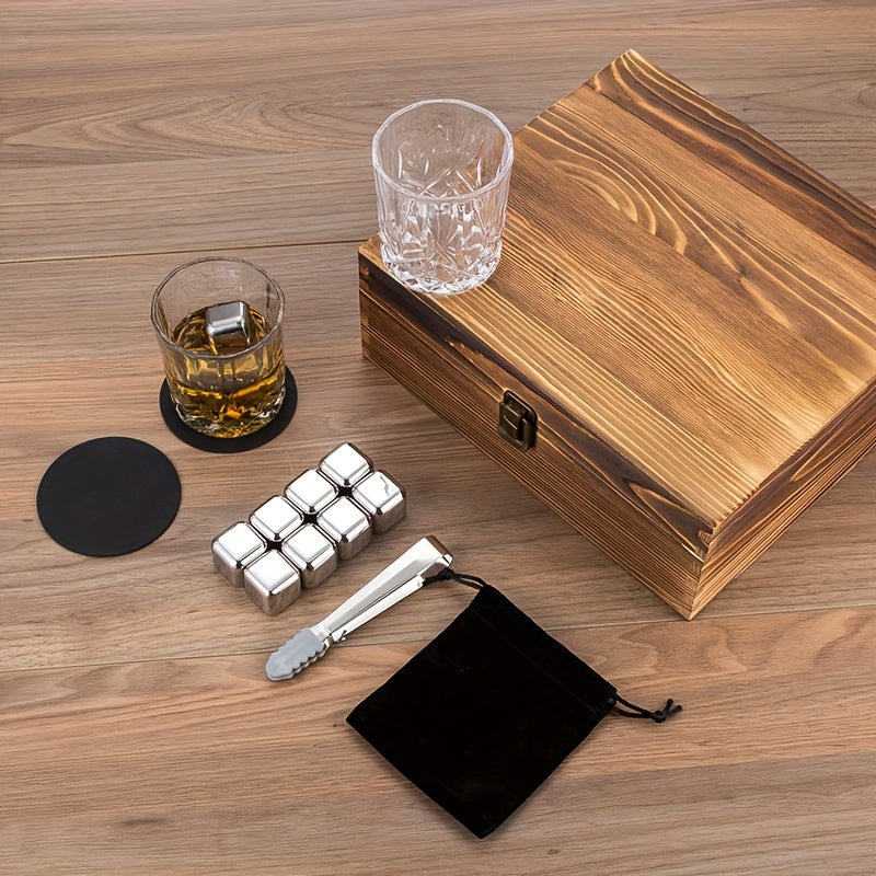 Stainless Steel Ice Cubes, Includes Tongs & Velvet Storage Pouch in Elegant Wooden Box