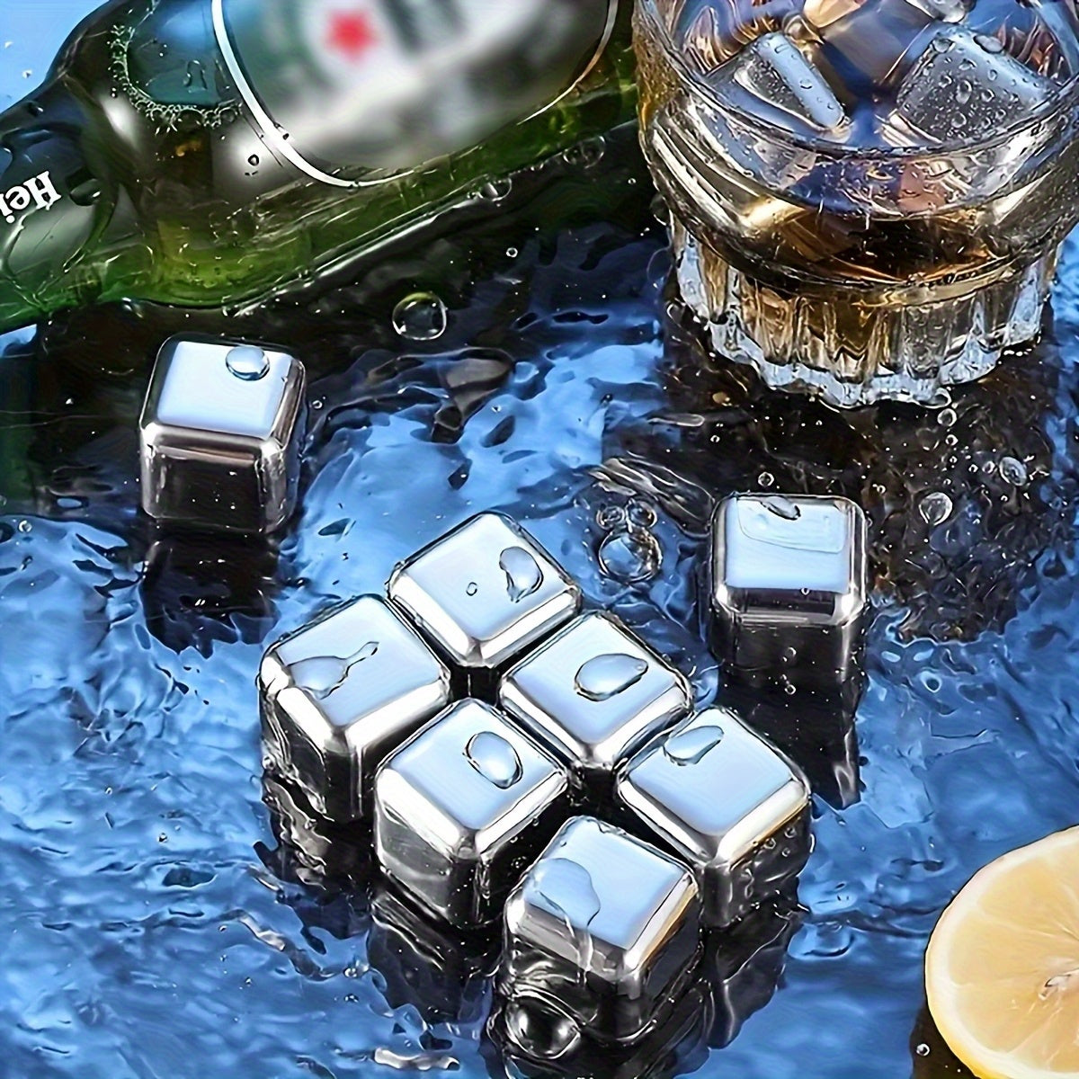 Reusable Metal Ice Cubes with Tongs + ice bucket