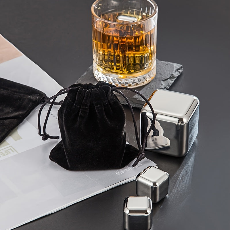 Stainless Steel Ice Cubes, Includes Tongs & Velvet Storage Pouch in Elegant Wooden Box
