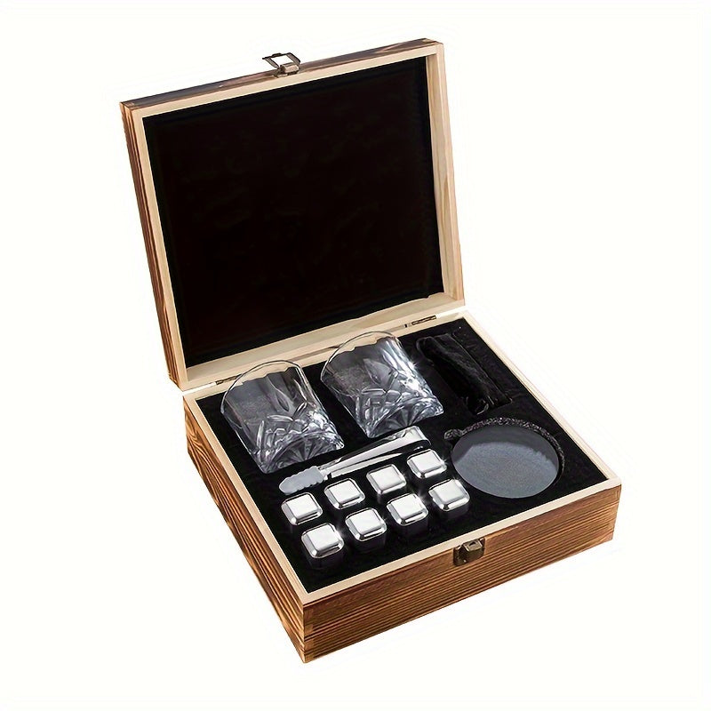 Stainless Steel Ice Cubes, Includes Tongs & Velvet Storage Pouch in Elegant Wooden Box