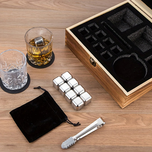 Stainless Steel Ice Cubes, Includes Tongs & Velvet Storage Pouch in Elegant Wooden Box
