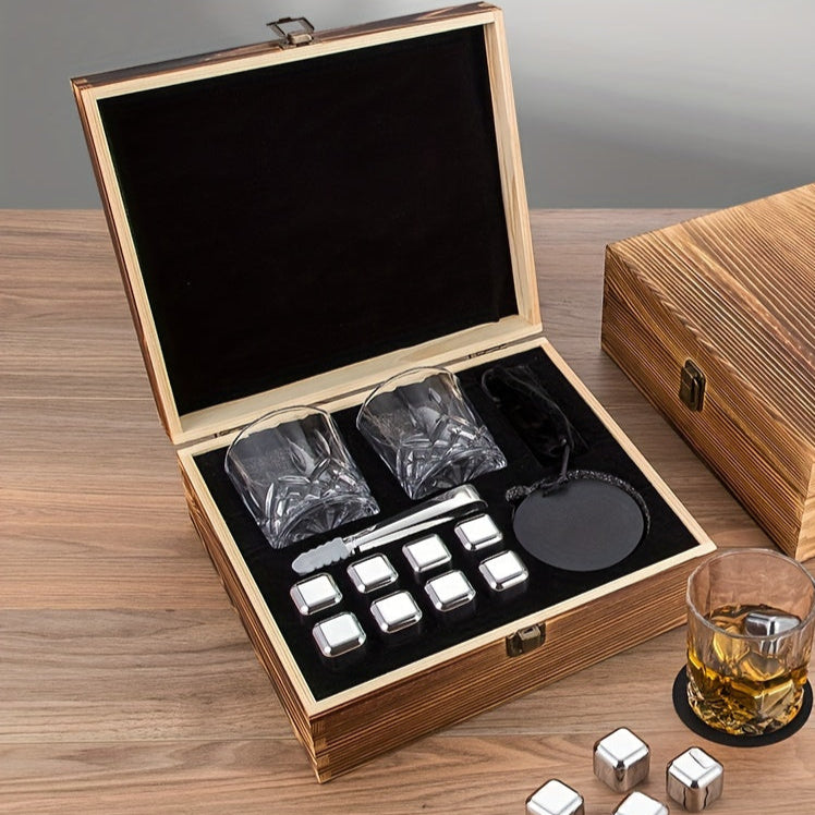 Stainless Steel Ice Cubes, Includes Tongs & Velvet Storage Pouch in Elegant Wooden Box